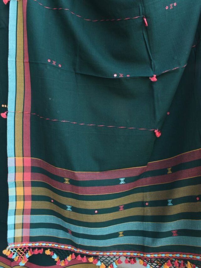Bottle-green-Bhujodi-mirrorwork-cotton-3pc-ladies-Suit
