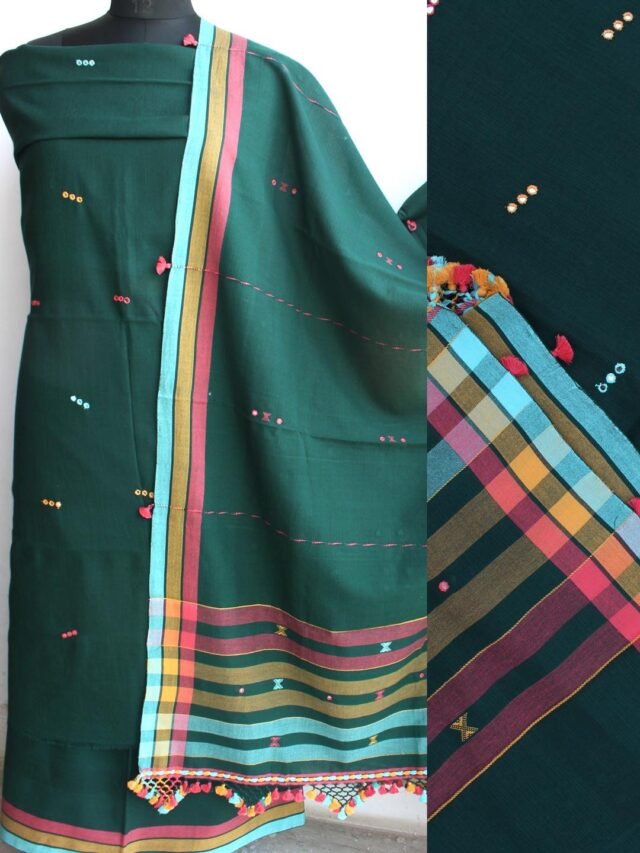 Bottle-green-bhujodi-mirrorwork-pure-cotton-suit-Shilphaat