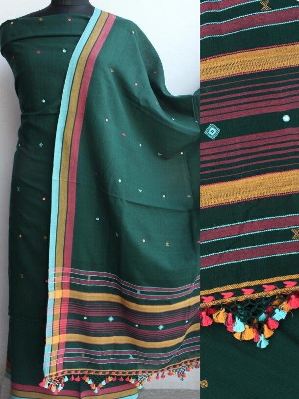 Darkest-Green-Bhujodi--mirrorwork-pure-cotton-Suit. Shilphaat