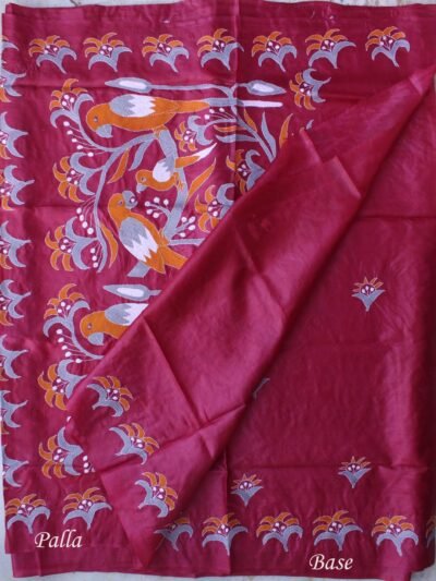 Maroon-Pure-silk-Kantha-handembroidered-Saree
