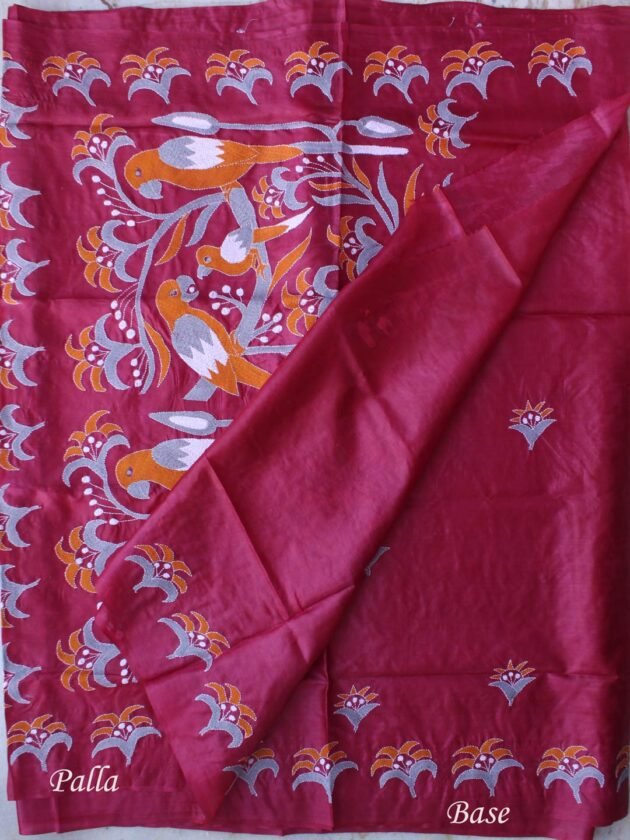 Maroon-Pure-silk-Kantha-handembroidered-Saree
