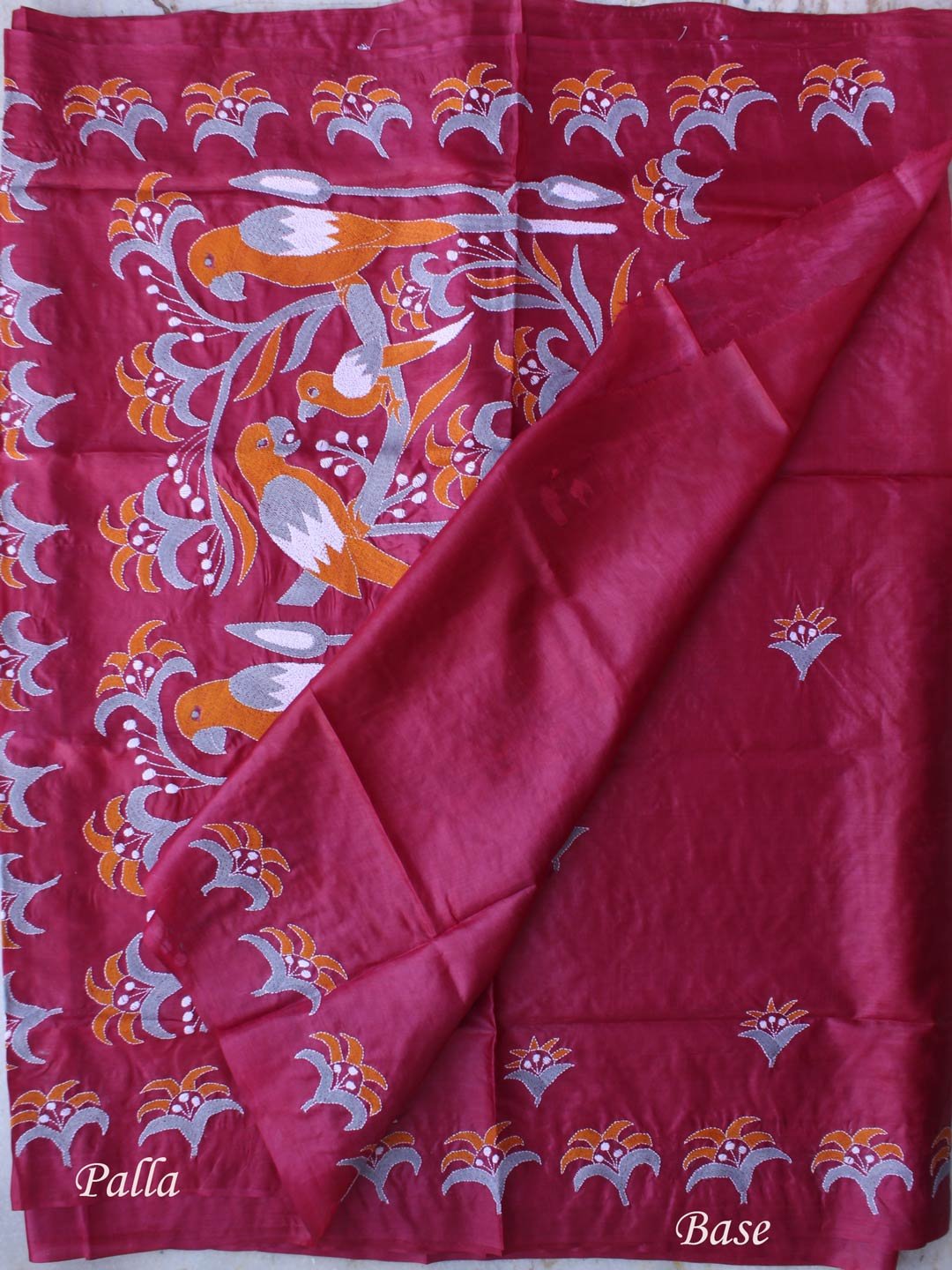 Maroon-Red Nakshi Kantha Pure silk Saree – Shilphaat.com