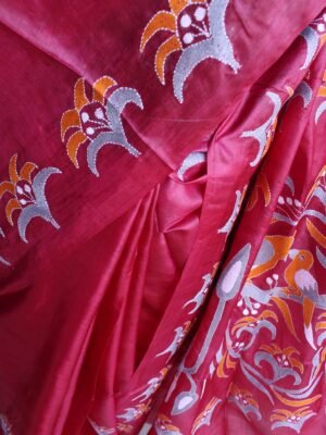 Maroon-Red-Paper-tussar-silk-Kanthawork-Saree