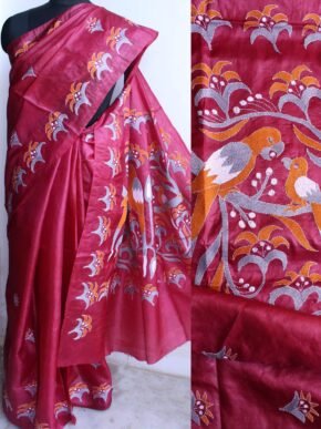 Maroon-Red--Pure-silk-nakshi-kantha-Saree