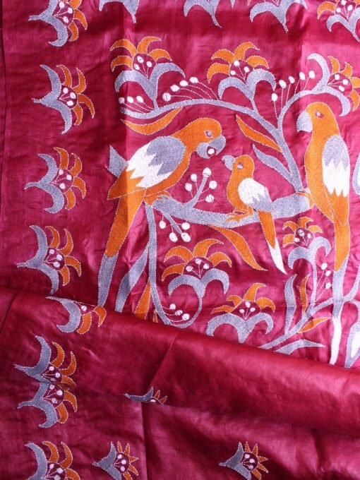 Maroon-Red-Pure-tasar-silk-Kanthawork-Saree