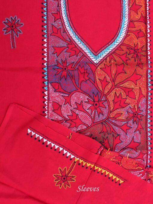 Multicolour-kantha-embroiderd-Red-cotton-kurta-fabric