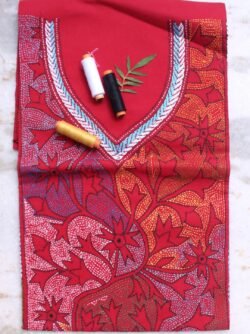 Multicolour--kanthawork-Red-cotton-kurta-fabric