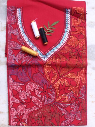 Multicolour--kanthawork-Red-cotton-kurta-fabric