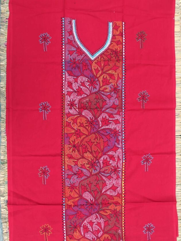 Multicolour-reverse-kantha-Red-cotton-kurta-fabric