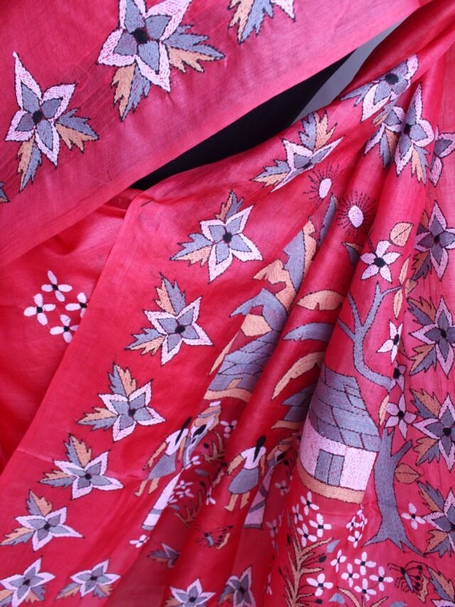 Red-Pink-Paper-tussar-silk-Kanthawork-Saree