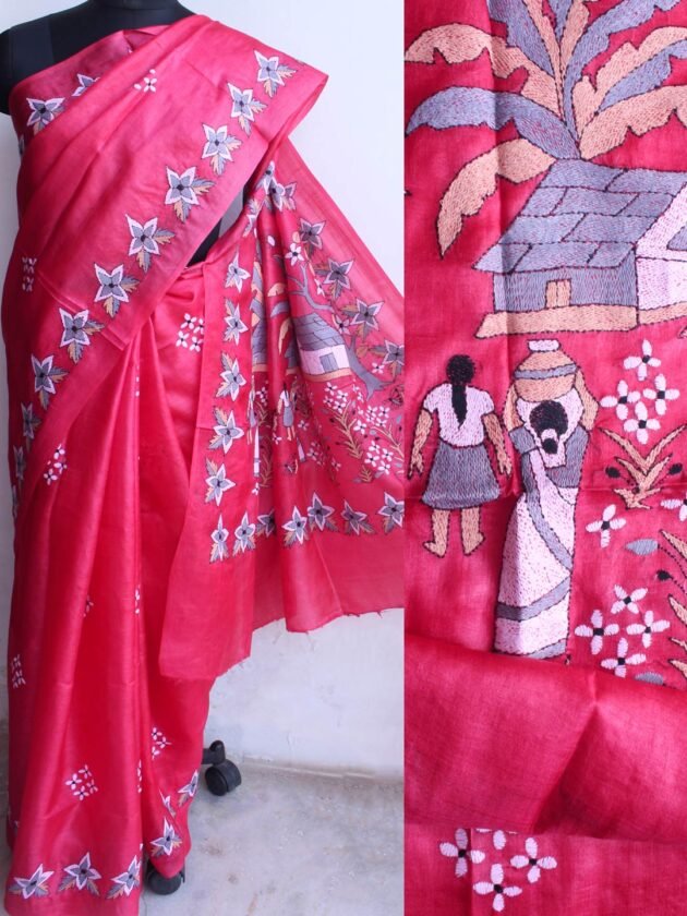 Red-Pink-Pure-silk-nakshi kantha-Saree