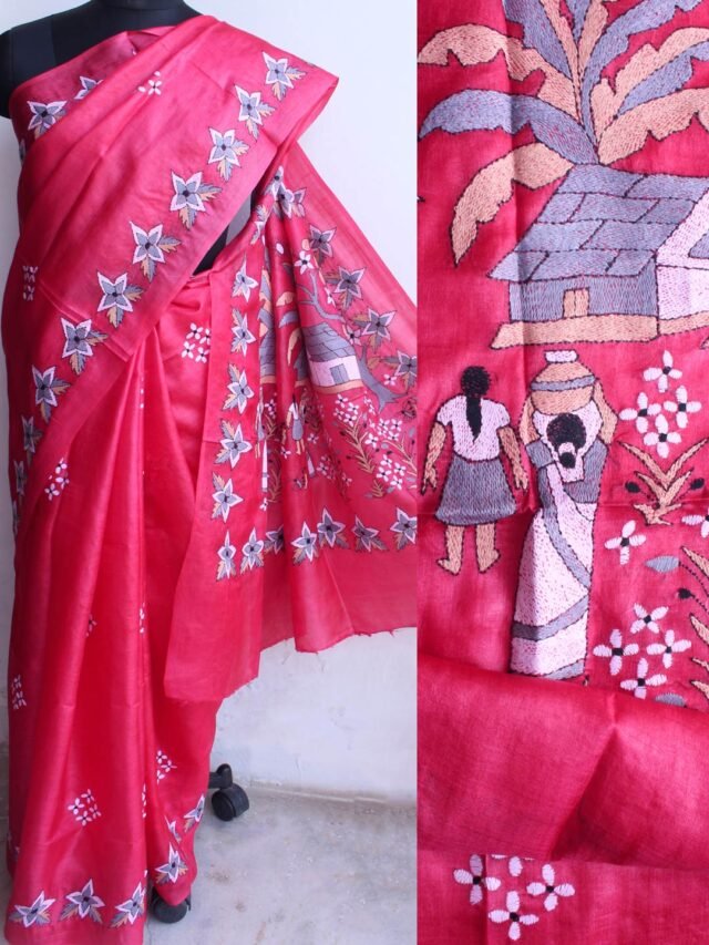 Red-Pink-Pure-silk-nakshi kantha-Saree