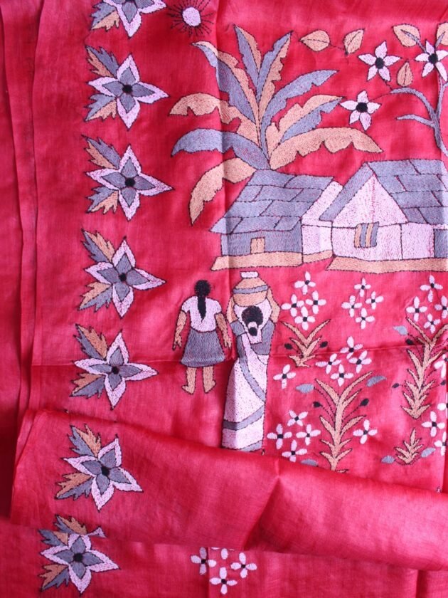Red-Pink-Pure-tasar-silk-Kanthawork-Saree