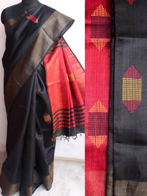 Red-and-Black-Mulberry-Dupion-silk-Saree shilphaat