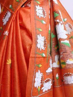 Saffron-Orange-Paper-tussar-silk-Kanthawork-Saree