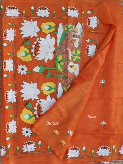 Saffron-Orange-Pure-silk-Kantha-handembroidered-Saree