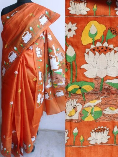 Saffron-Orange-Pure-silk-nakshi-kantha-Saree