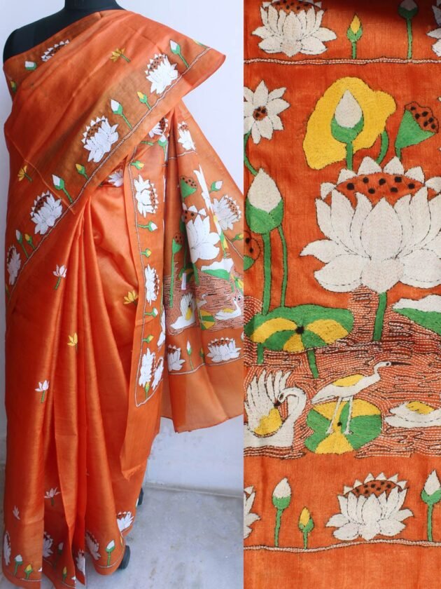 Saffron-Orange-Pure-silk-nakshi-kantha-Saree