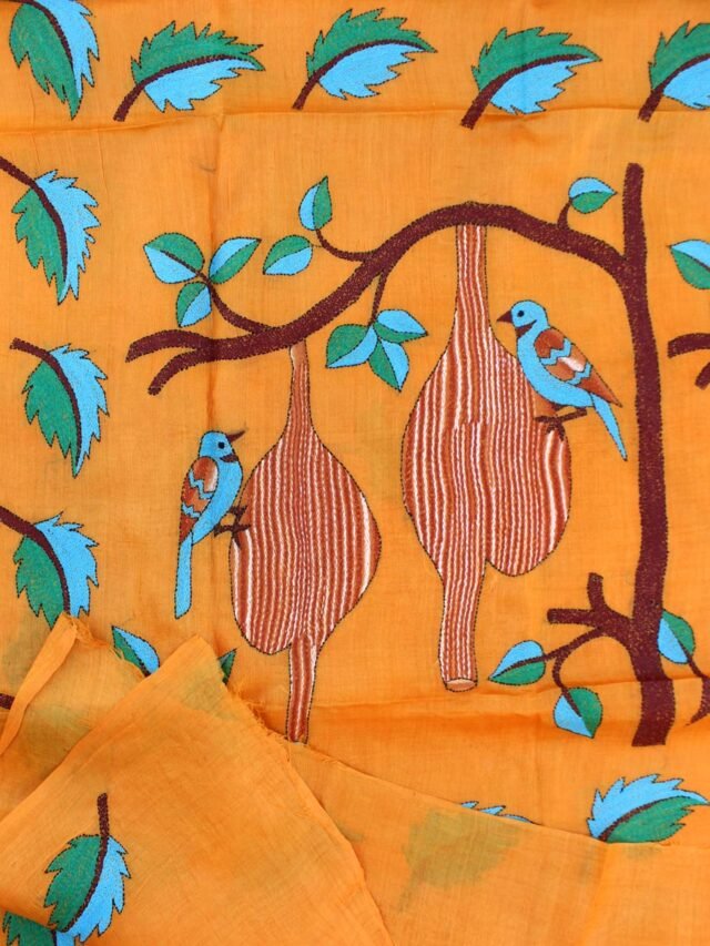 Sun-Yellow-Pure-tasar-silk-Kanthawork-Saree