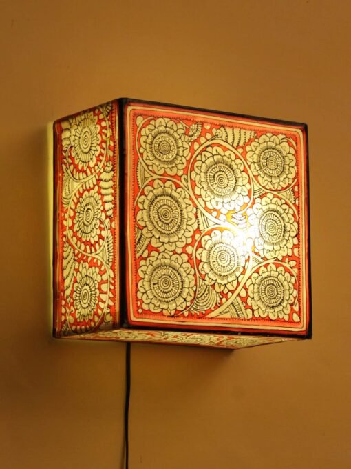 red-and-white-floral-Tholu-bommalata-square-wall-lamp