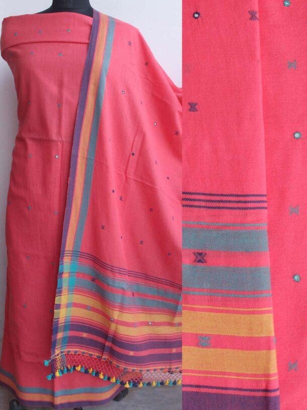 Carrot-Pink-Bhujodi--mirrorwork-pure-cotton-3pc-ladies-Suit-Shilphaat