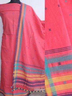 Carrot-Pink-Bhujodi--mirrorwork-pure-cotton-3pc-ladies-Suit. Shilphaat