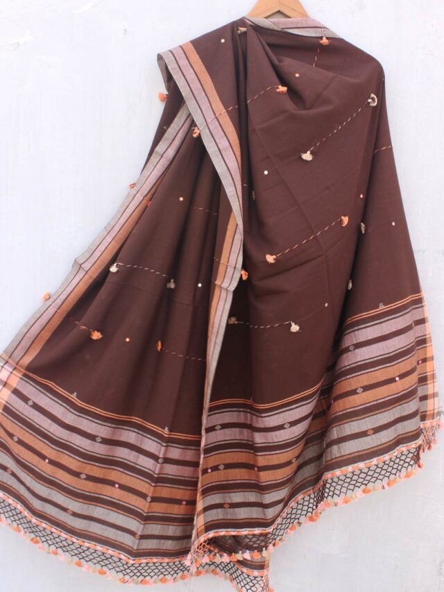 Chocolate-brown-mirrorwork-cotton-Bhujodi-dupatta