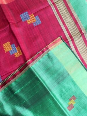 Green-and-Pink-pure--Dupion-silk-Saree--shilphaat