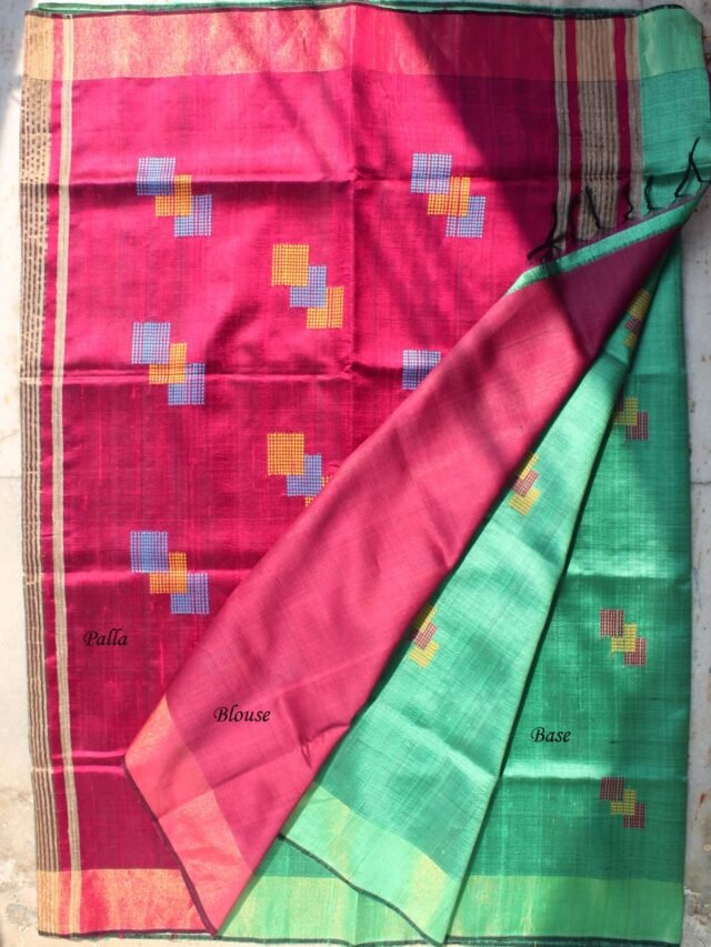 Green-and-Red-Bhagalpuri-Dupion-silk-Saree--shilphaat