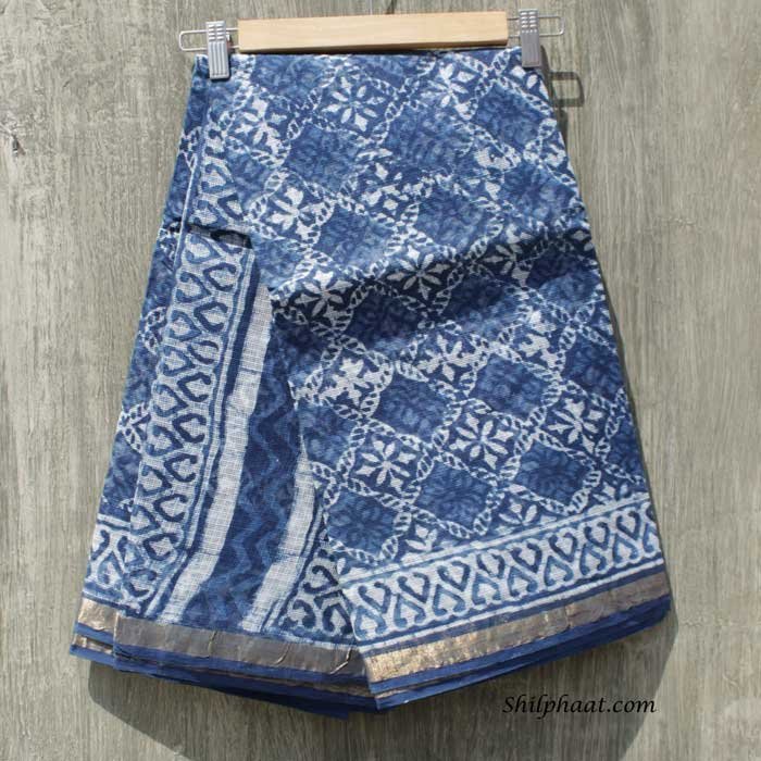 Indigo dabu block-printed Kota-cotton saree at Shilphaat