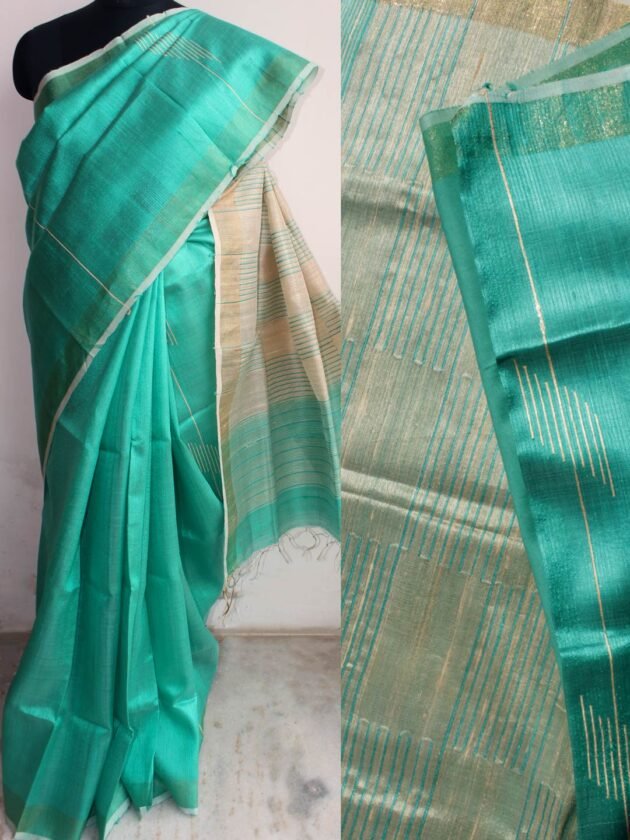 Sea-green-and-Beige-Mulberry-Dupion-silk-Saree--shilphaat