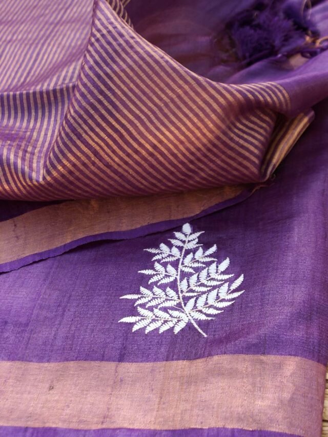 Russian Violet-and-white-embroidered-bhagalpuri-desi-tassar-silk-saree