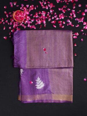 Russian-Violet-and-white-embroidered-desi-kosa-tassar-silk-sari at Shilphaat.com