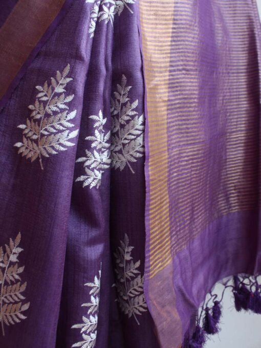 Russian-Violet-and-white-embroidered-desi-tasar-silk-saree