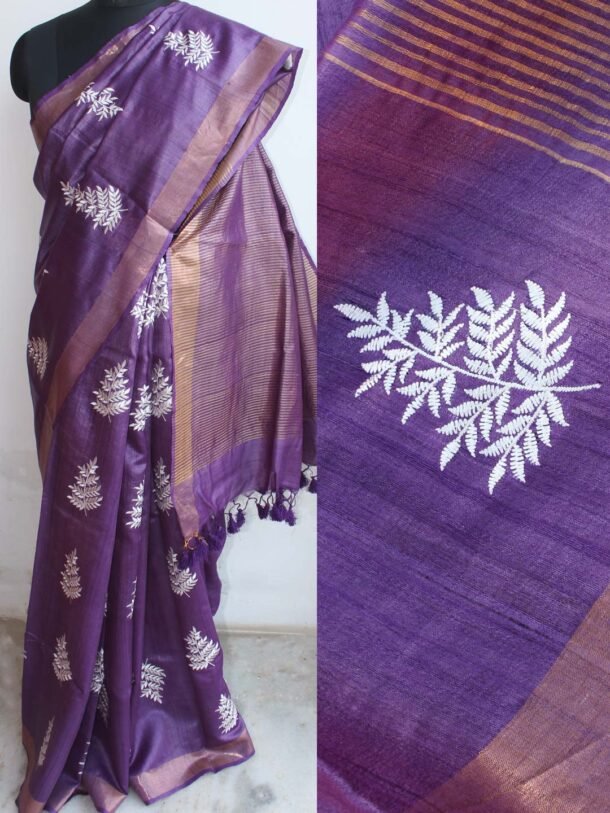 Russian Violet-and-white-embroidered-desi-tussar-silk-sari