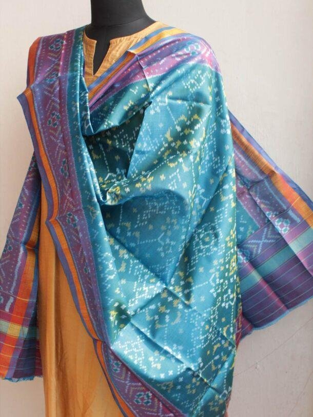 Blue-Green-and-Pink-silk-patan-patola-dupatta at Shilphaat.com