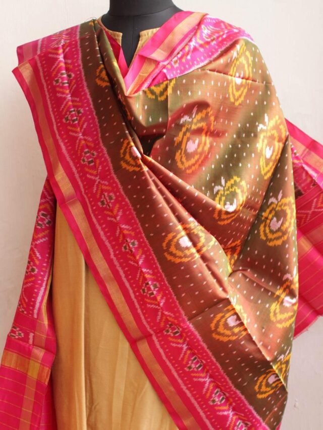 Mehndi-Green-and-Pink-pure-silk--patola-dupatta at Shilphaat.com