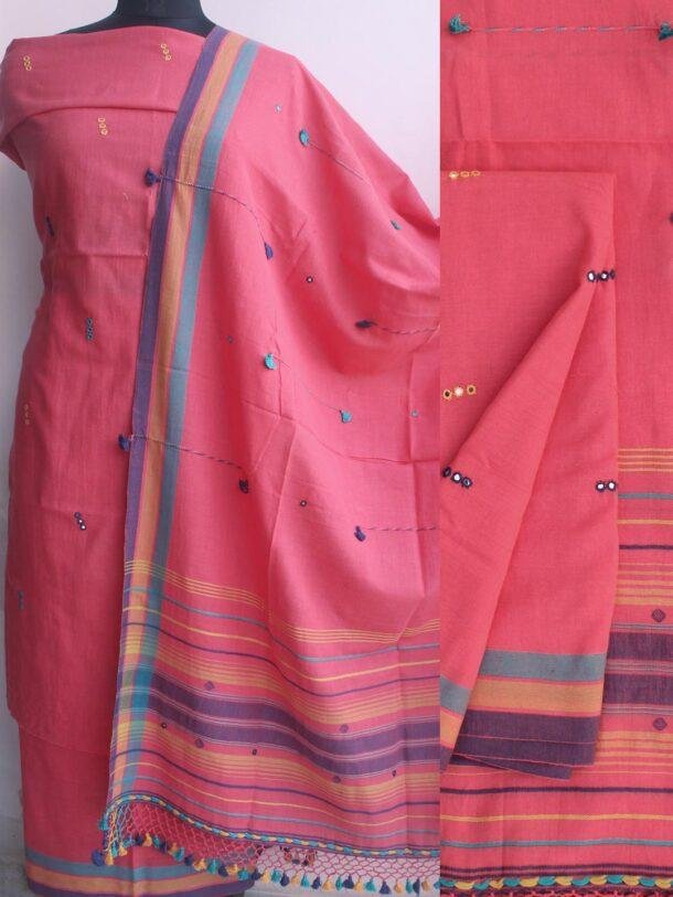 Orange-Pink-Bhujodi-miriwork-pure-cotton-Suit. Shilphaat