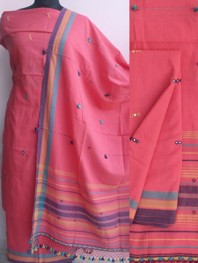 Orange-Pink-Bhujodi-miriwork-pure-cotton-Suit. Shilphaat
