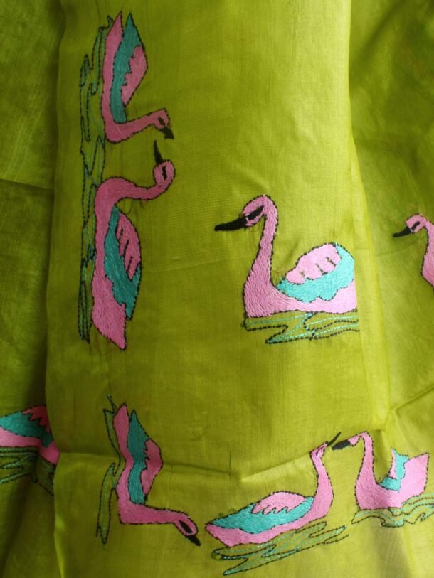 Swan-kanthawork-Green-paper-tasar-silk-dupatta