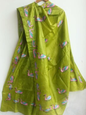Swan-kanthawork-Green-paper-tussar-silk-dupatta