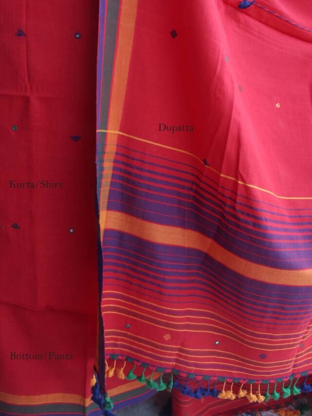 vermillion-red-Bhujodi-mirrorwork-kala-cotton-Dress-material
