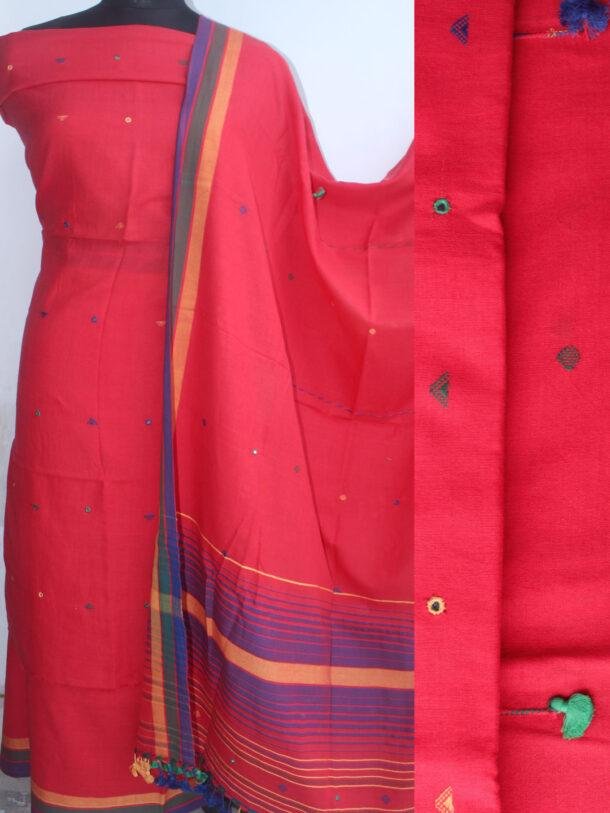 vermillion-red-Bhujodi--mirrorwork-kala-cotton-ladie-Suit