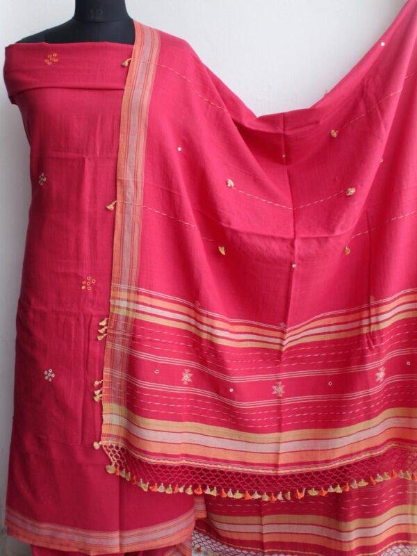 Carrot-Red-Bhujodi--mirrorwork-pure-cotton-dress-material-Shilphaat