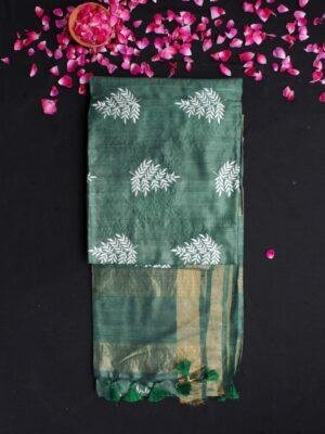 Hunter-Green-and-white-embroidered-desi-kosa-tassar-silk-sari-Shilphaat