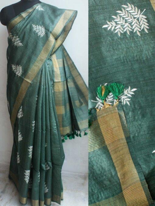 Hunter-Green-and-white-embroidered-desi-tussar-silk-saree by Shilphaat