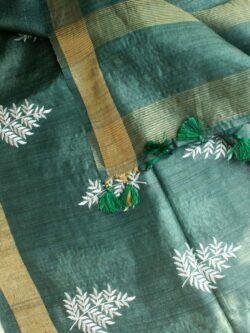Hunter-Green-and-white-embroidered-desi-tussar-silk-sari-Shilphaat
