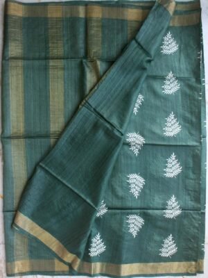 Hunter-Green-and-white-embroidered-pure-desi-tassar-silk-saree