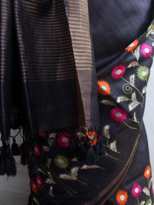 Multicolour-embroidered-Black-desi-tasar-silk-saree
