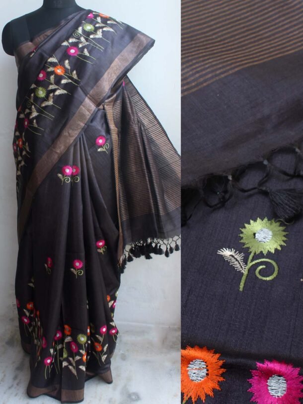Multicolour-embroidered-Black-desi-tussar-silk-saree